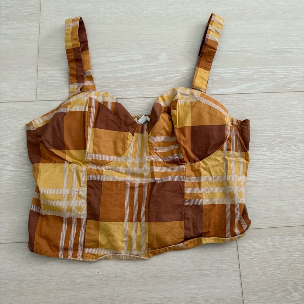 3/$10 Twine & String Plaid Brown Orange Crop Top